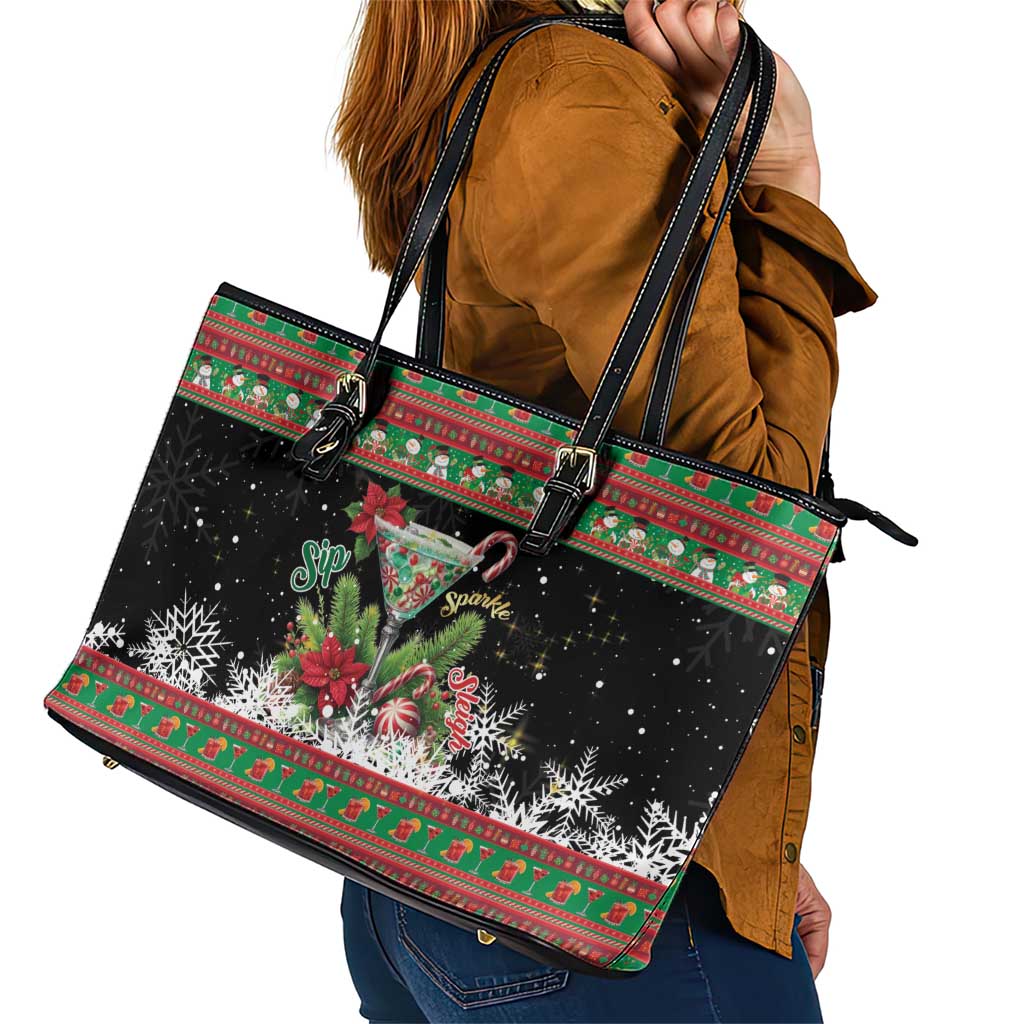 Sip Sparkle Sleigh Christmas Margarita Leather Tote Bag Funny Christmas Spirit - Wonder Print Shop