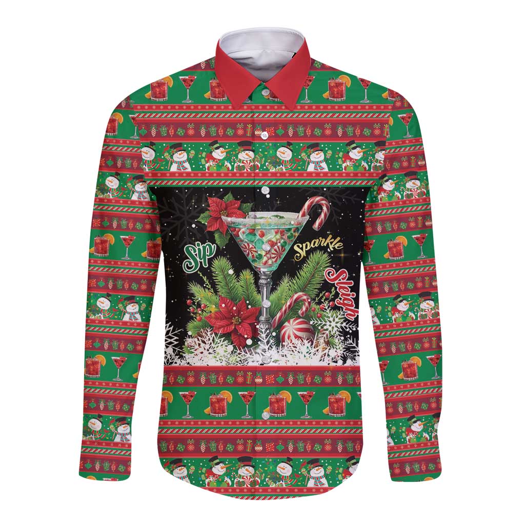 Sip Sparkle Sleigh Christmas Margarita Long Sleeve Button Shirt Funny Christmas Spirit - Wonder Print Shop