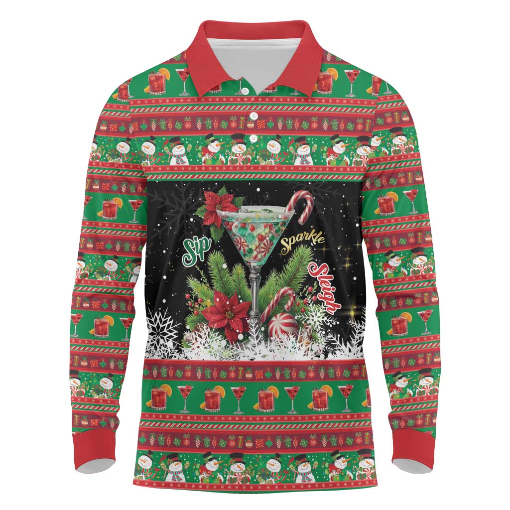 Sip Sparkle Sleigh Christmas Margarita Long Sleeve Polo Shirt Funny Christmas Spirit - Wonder Print Shop