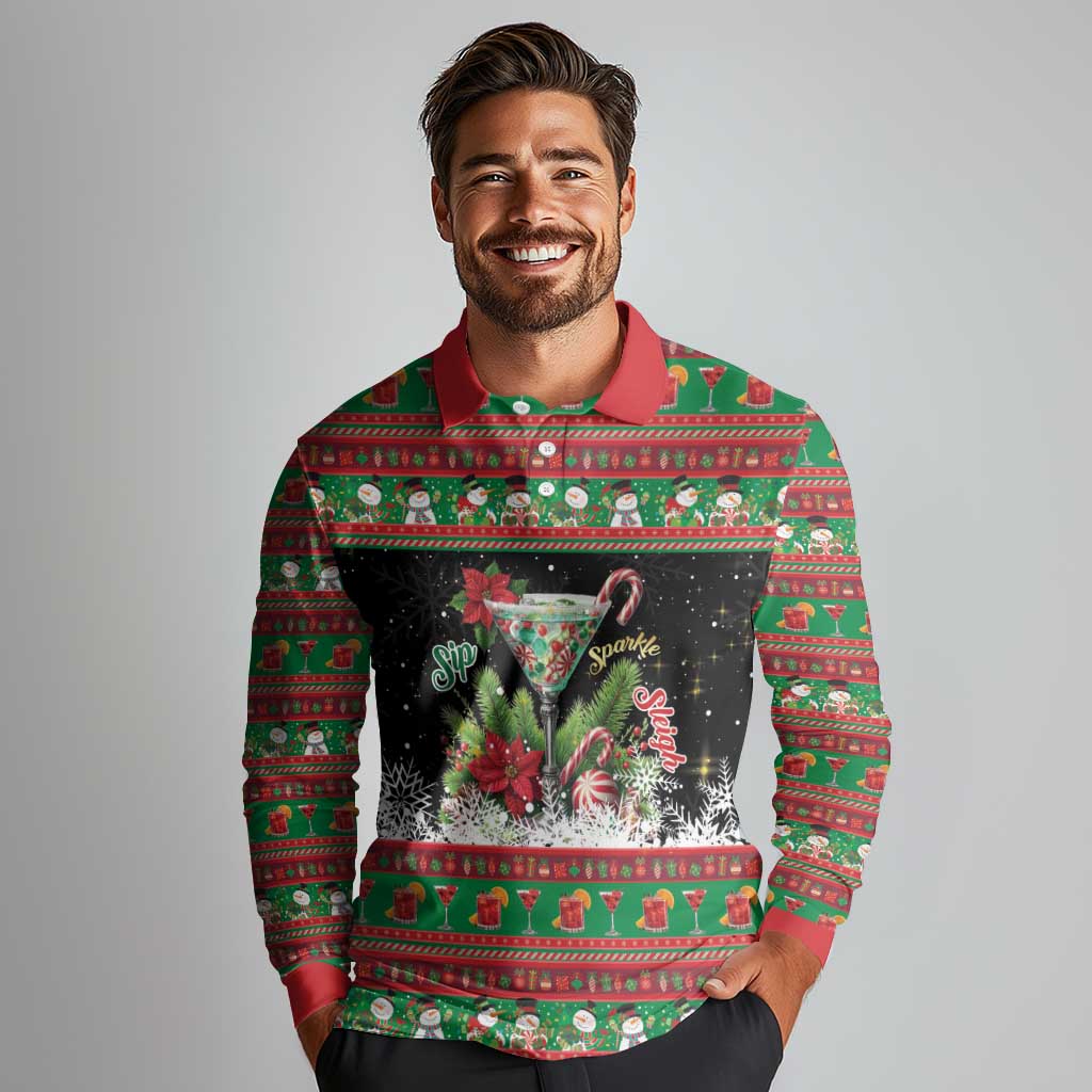 Sip Sparkle Sleigh Christmas Margarita Long Sleeve Polo Shirt Funny Christmas Spirit - Wonder Print Shop