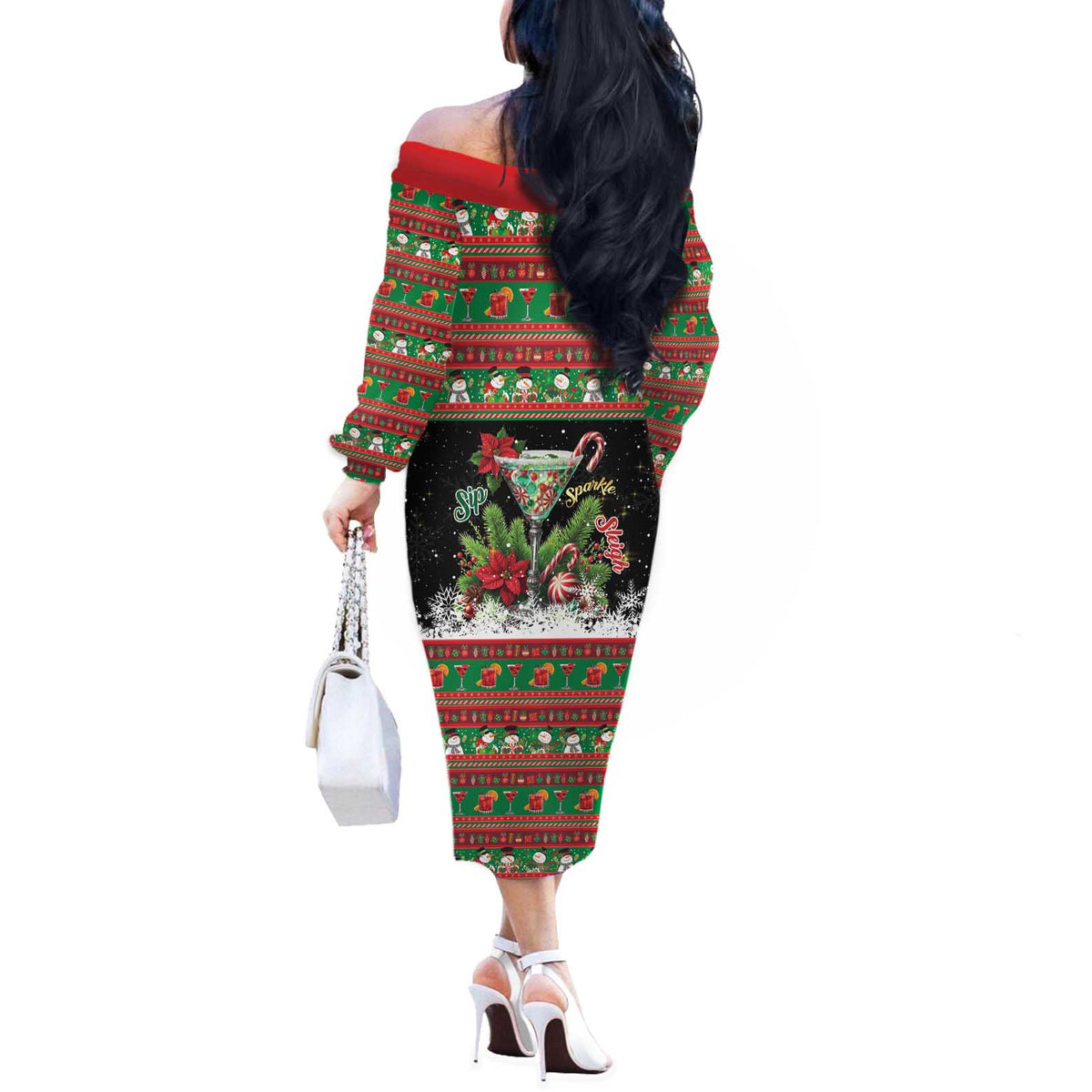 Sip Sparkle Sleigh Christmas Margarita Off The Shoulder Long Sleeve Dress Funny Christmas Spirit - Wonder Print Shop