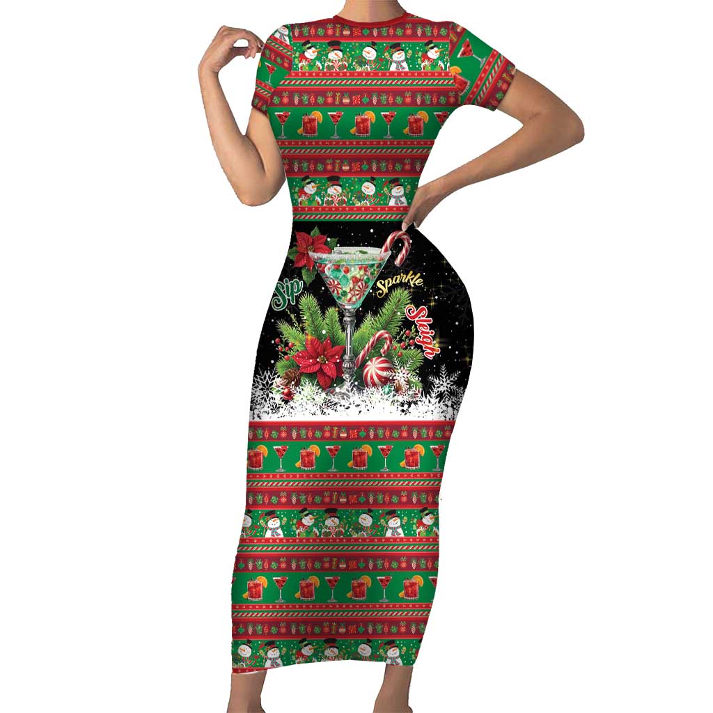 Sip Sparkle Sleigh Christmas Margarita Short Sleeve Bodycon Dress Funny Christmas Spirit - Wonder Print Shop
