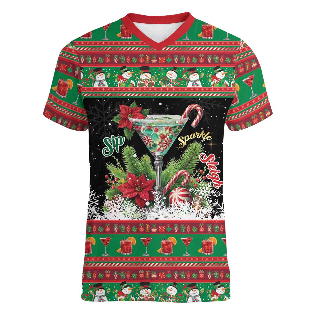 Sip Sparkle Sleigh Christmas Margarita Women V-Neck T-Shirt Funny Christmas Spirit - Wonder Print Shop