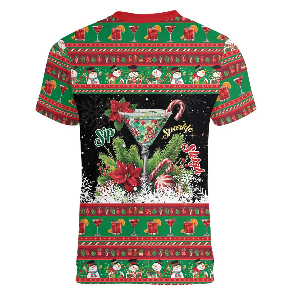 Sip Sparkle Sleigh Christmas Margarita Women V-Neck T-Shirt Funny Christmas Spirit - Wonder Print Shop