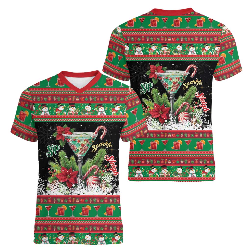 Sip Sparkle Sleigh Christmas Margarita Women V-Neck T-Shirt Funny Christmas Spirit - Wonder Print Shop