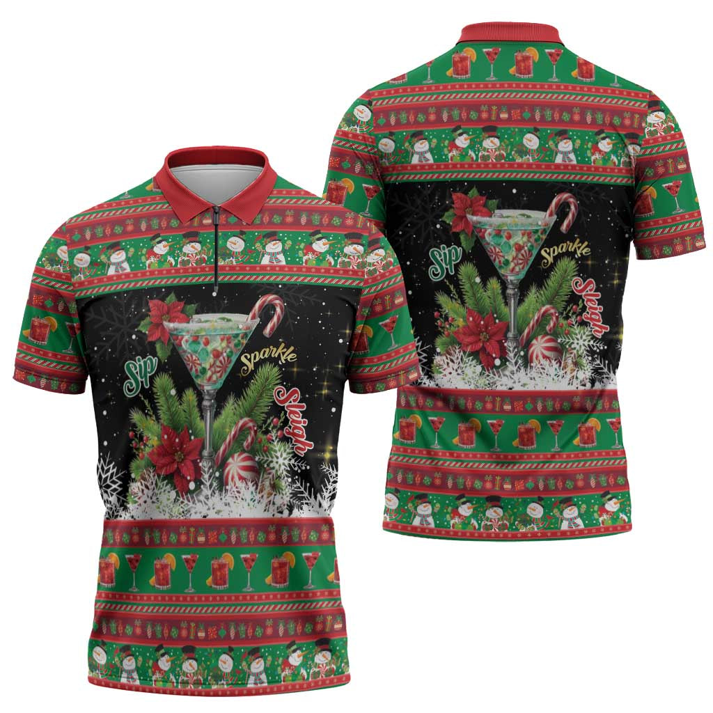 Sip Sparkle Sleigh Christmas Margarita Zipper Polo Shirt Funny Christmas Spirit - Wonder Print Shop