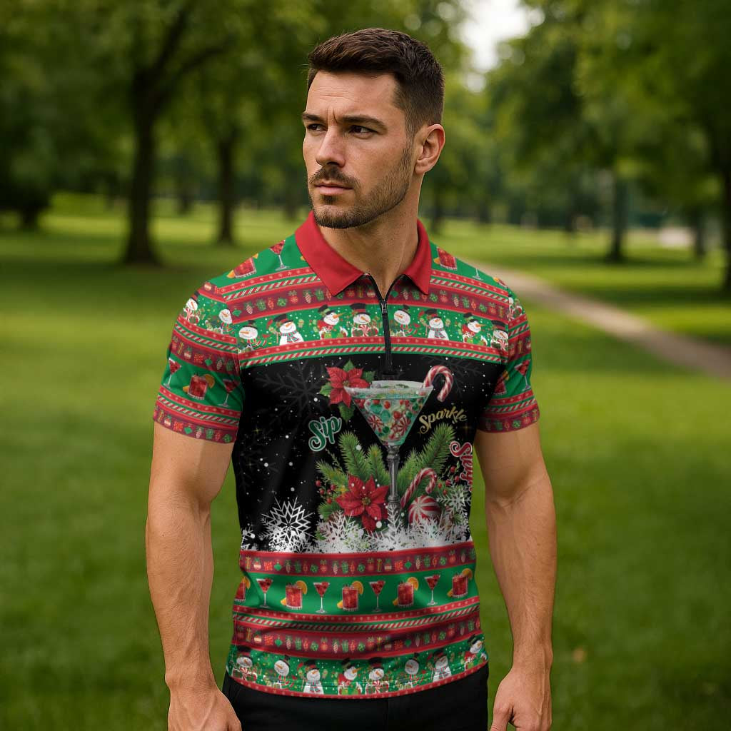 Sip Sparkle Sleigh Christmas Margarita Zipper Polo Shirt Funny Christmas Spirit - Wonder Print Shop