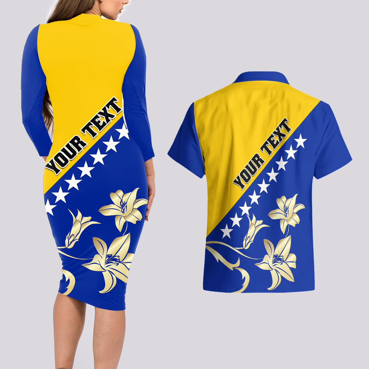 Bosnia and Herzegovina Independence Day Couples Matching Long Sleeve Bodycon Dress and Hawaiian Shirt Bosna i Hercegovina Lily - Wonder Print Shop