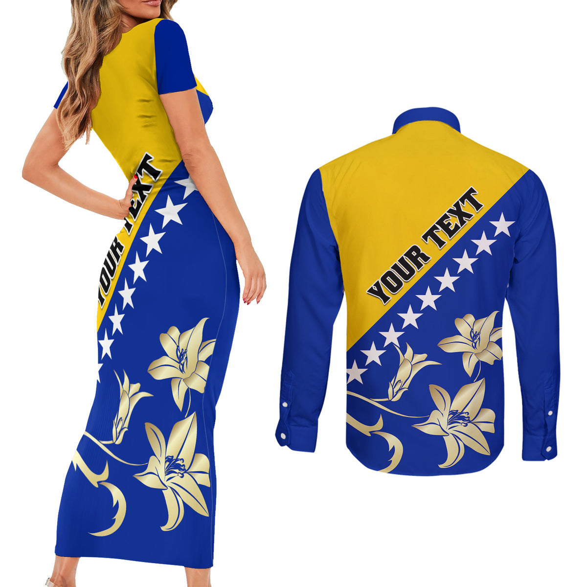 Bosnia and Herzegovina Independence Day Couples Matching Short Sleeve Bodycon Dress and Long Sleeve Button Shirt Bosna i Hercegovina Lily - Wonder Print Shop