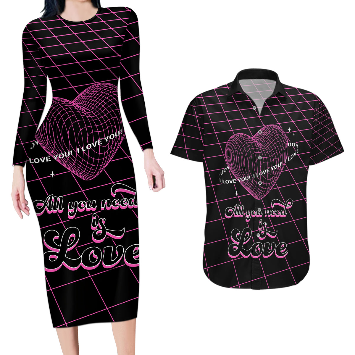 All You Need is Love Valentine Day Couples Matching Long Sleeve Bodycon Dress and Hawaiian Shirt Geometry Wireframe Style - Wonder Print Shop