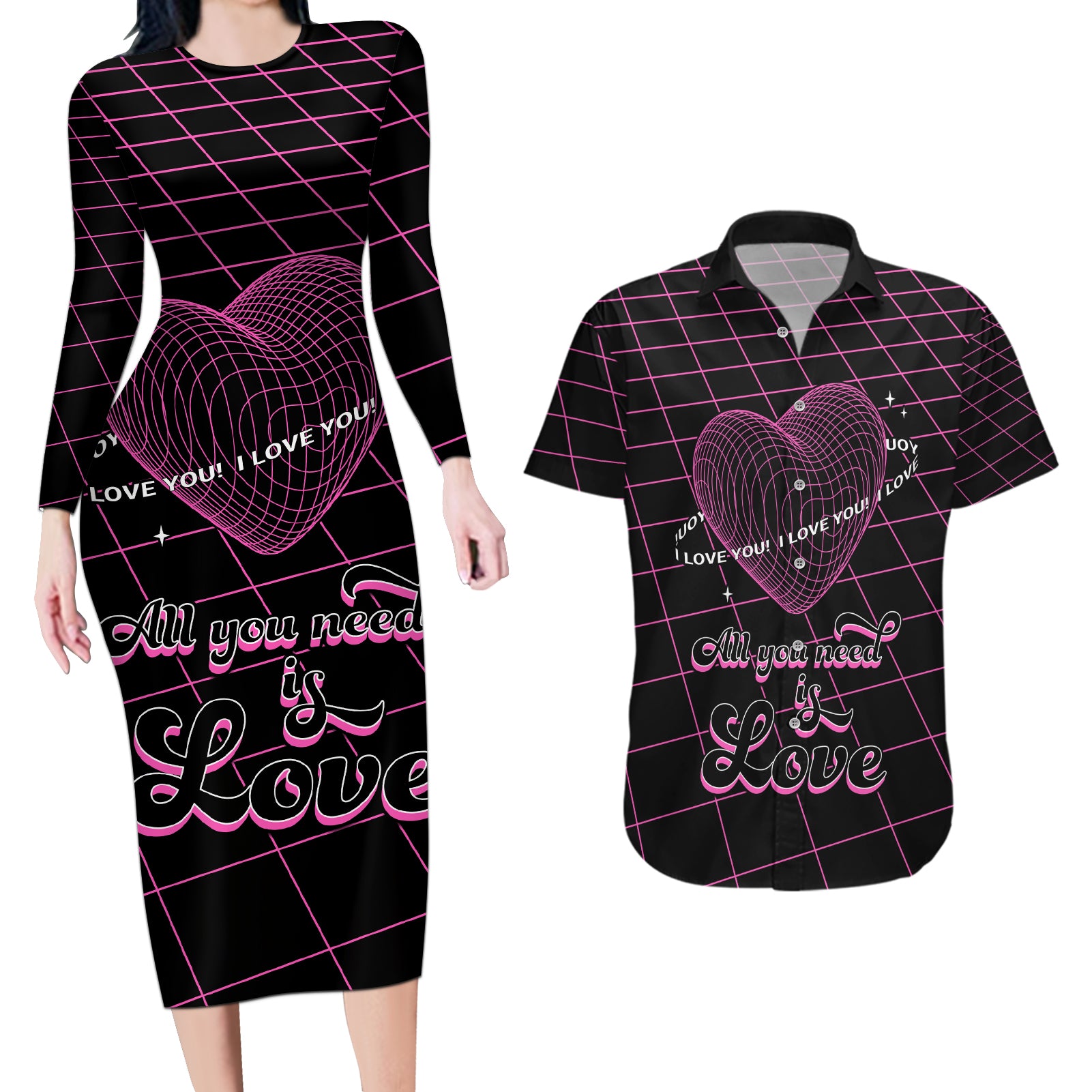 All You Need is Love Valentine Day Couples Matching Long Sleeve Bodycon Dress and Hawaiian Shirt Geometry Wireframe Style - Wonder Print Shop
