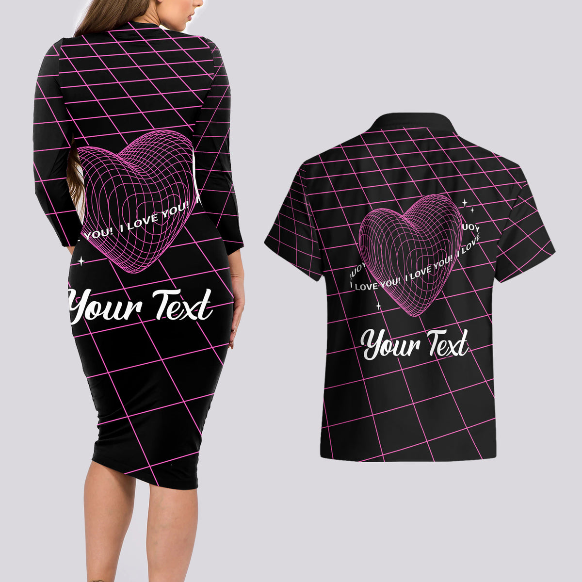 All You Need is Love Valentine Day Couples Matching Long Sleeve Bodycon Dress and Hawaiian Shirt Geometry Wireframe Style - Wonder Print Shop