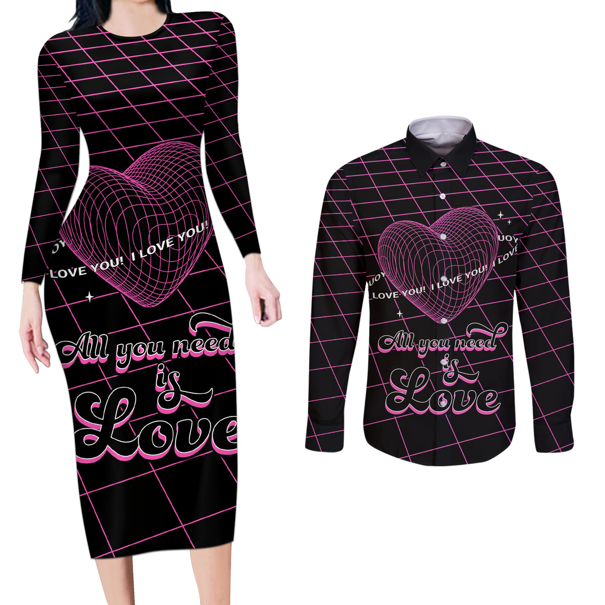 All You Need is Love Valentine Day Couples Matching Long Sleeve Bodycon Dress and Long Sleeve Button Shirt Geometry Wireframe Style - Wonder Print Shop