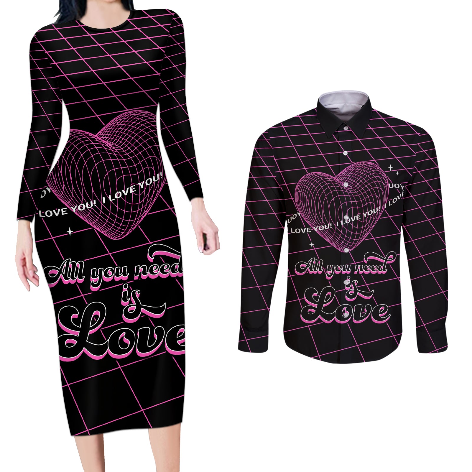 All You Need is Love Valentine Day Couples Matching Long Sleeve Bodycon Dress and Long Sleeve Button Shirt Geometry Wireframe Style - Wonder Print Shop