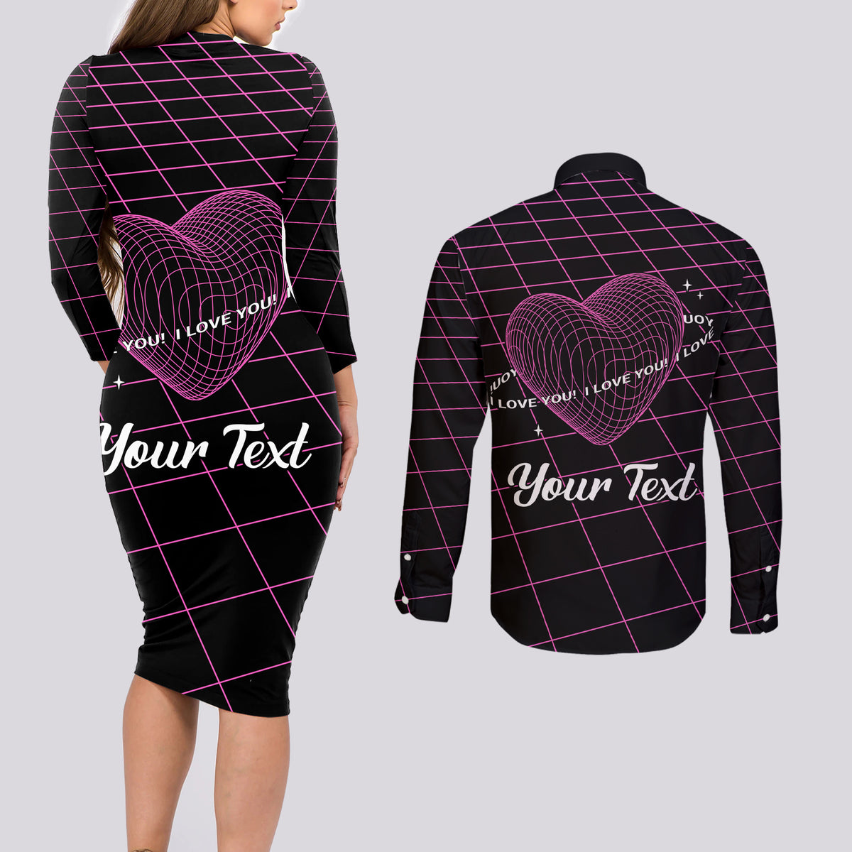 All You Need is Love Valentine Day Couples Matching Long Sleeve Bodycon Dress and Long Sleeve Button Shirt Geometry Wireframe Style - Wonder Print Shop
