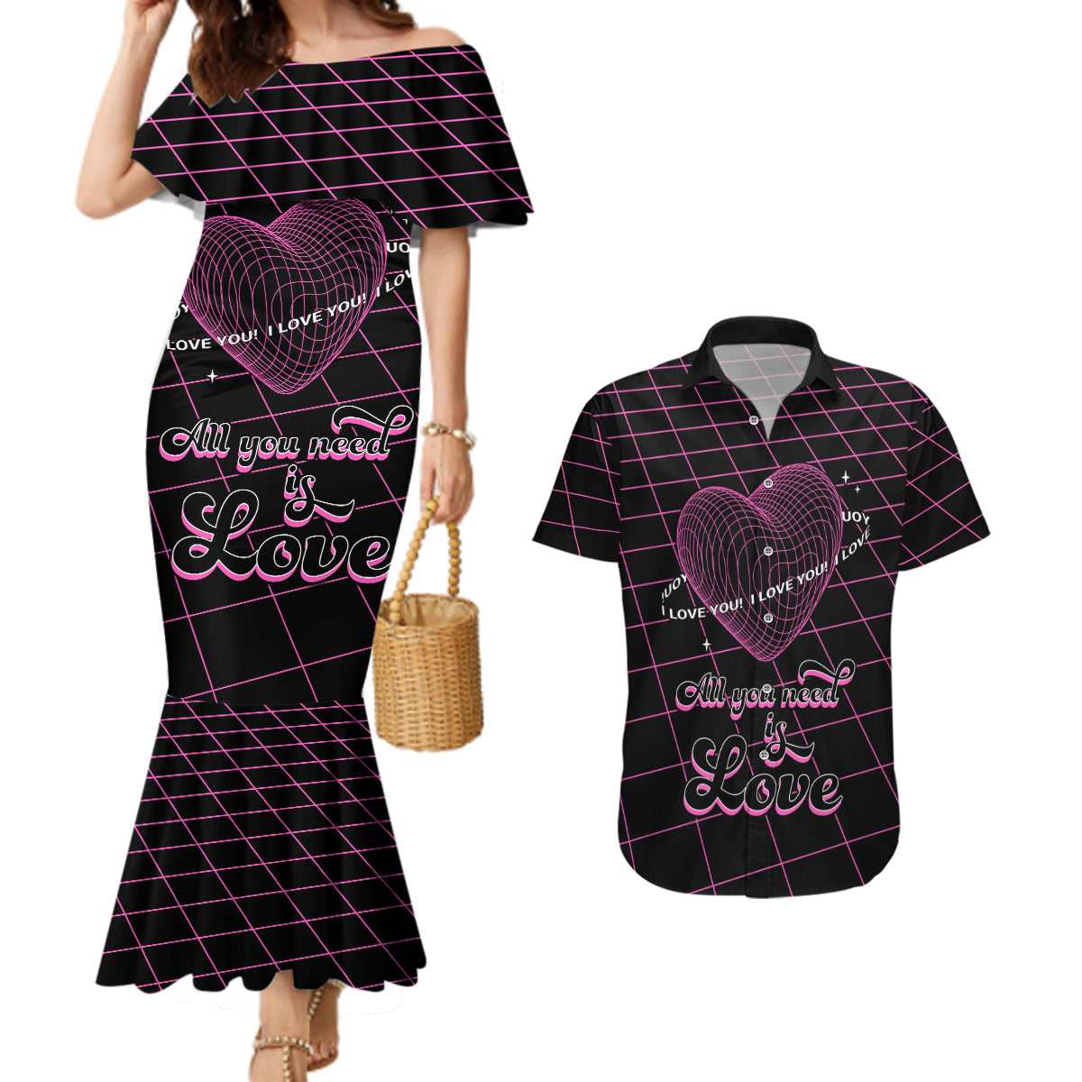 All You Need is Love Valentine Day Couples Matching Mermaid Dress and Hawaiian Shirt Geometry Wireframe Style - Wonder Print Shop