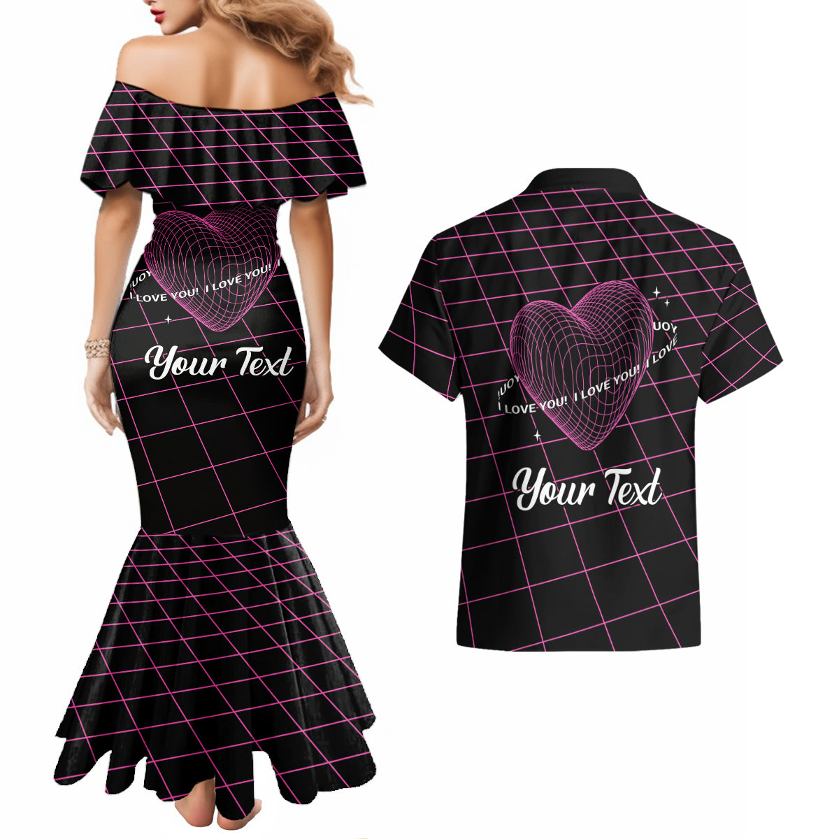 All You Need is Love Valentine Day Couples Matching Mermaid Dress and Hawaiian Shirt Geometry Wireframe Style - Wonder Print Shop