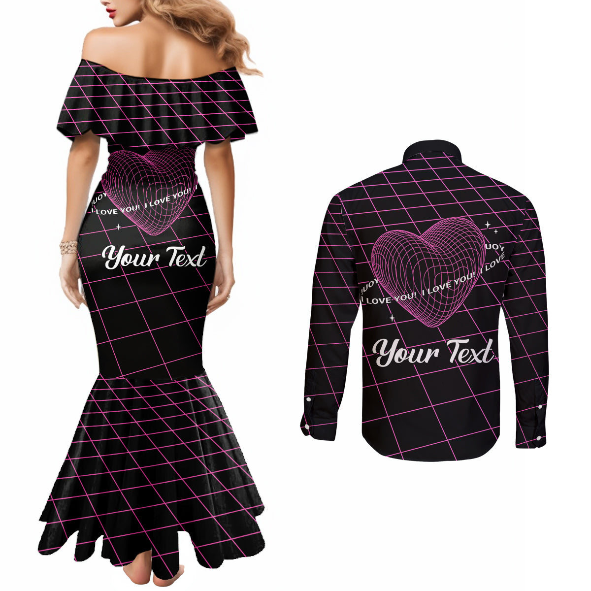 All You Need is Love Valentine Day Couples Matching Mermaid Dress and Long Sleeve Button Shirt Geometry Wireframe Style