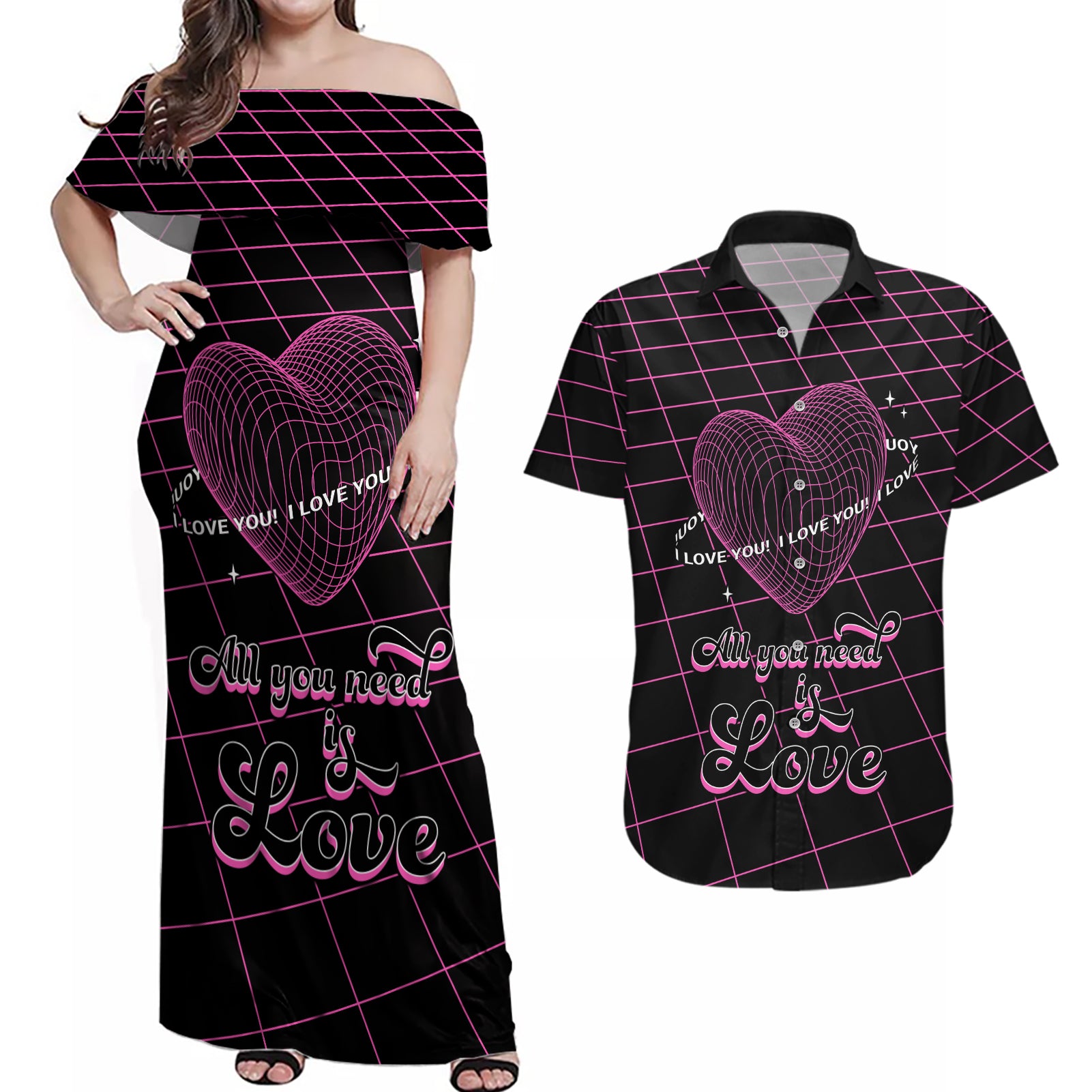 All You Need is Love Valentine Day Couples Matching Off Shoulder Maxi Dress and Hawaiian Shirt Geometry Wireframe Style - Wonder Print Shop