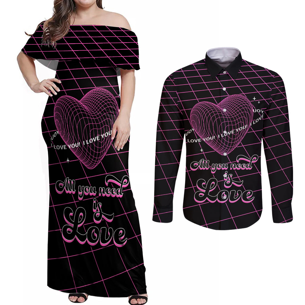 All You Need is Love Valentine Day Couples Matching Off Shoulder Maxi Dress and Long Sleeve Button Shirt Geometry Wireframe Style - Wonder Print Shop