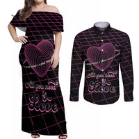 All You Need is Love Valentine Day Couples Matching Off Shoulder Maxi Dress and Long Sleeve Button Shirt Geometry Wireframe Style - Wonder Print Shop