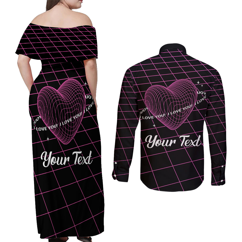 All You Need is Love Valentine Day Couples Matching Off Shoulder Maxi Dress and Long Sleeve Button Shirt Geometry Wireframe Style - Wonder Print Shop
