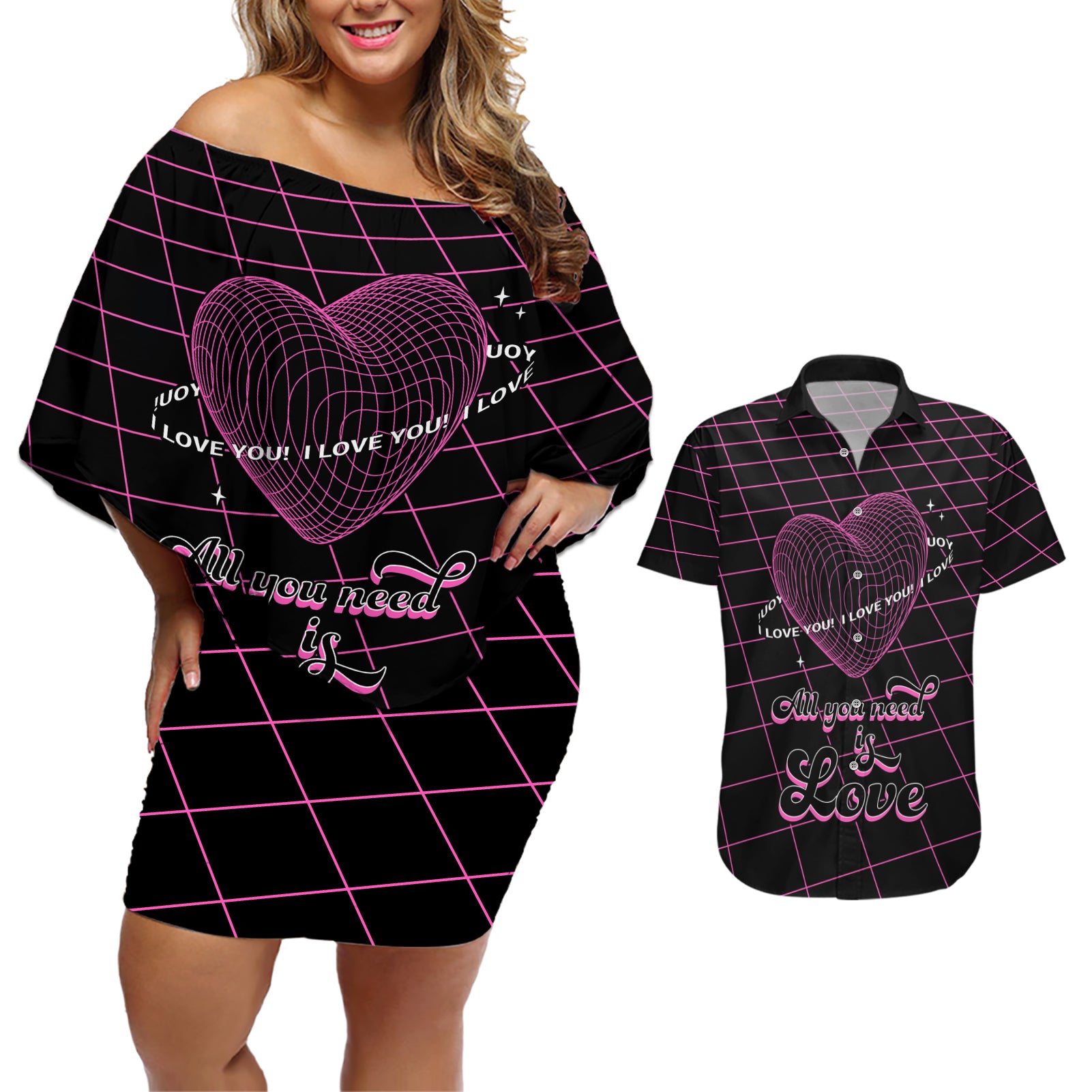 All You Need is Love Valentine Day Couples Matching Off Shoulder Short Dress and Hawaiian Shirt Geometry Wireframe Style - Wonder Print Shop