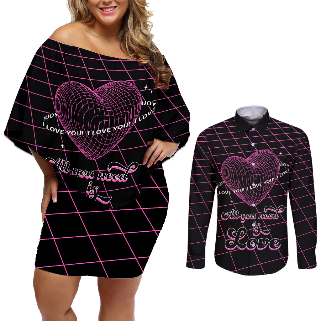 All You Need is Love Valentine Day Couples Matching Off Shoulder Short Dress and Long Sleeve Button Shirt Geometry Wireframe Style - Wonder Print Shop