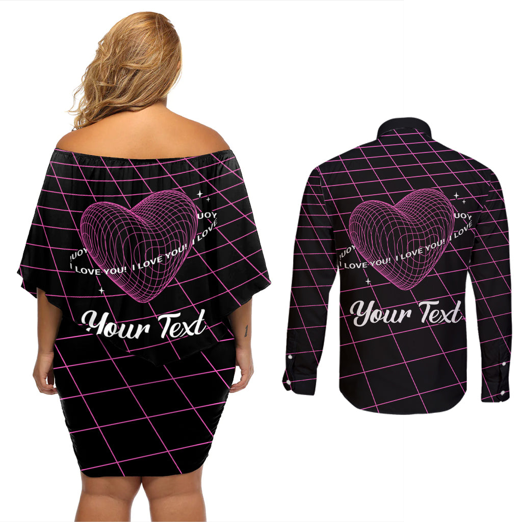 All You Need is Love Valentine Day Couples Matching Off Shoulder Short Dress and Long Sleeve Button Shirt Geometry Wireframe Style - Wonder Print Shop
