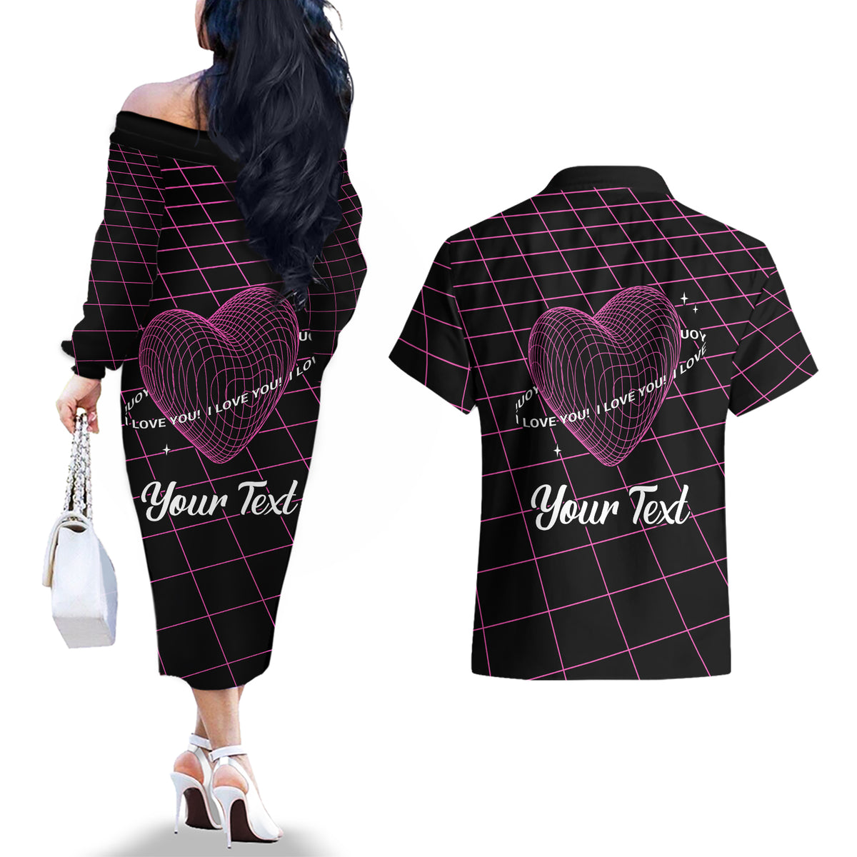 All You Need is Love Valentine Day Couples Matching Off The Shoulder Long Sleeve Dress and Hawaiian Shirt Geometry Wireframe Style - Wonder Print Shop