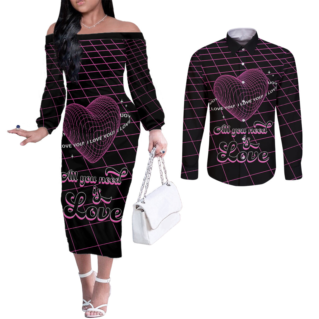 All You Need is Love Valentine Day Couples Matching Off The Shoulder Long Sleeve Dress and Long Sleeve Button Shirt Geometry Wireframe Style