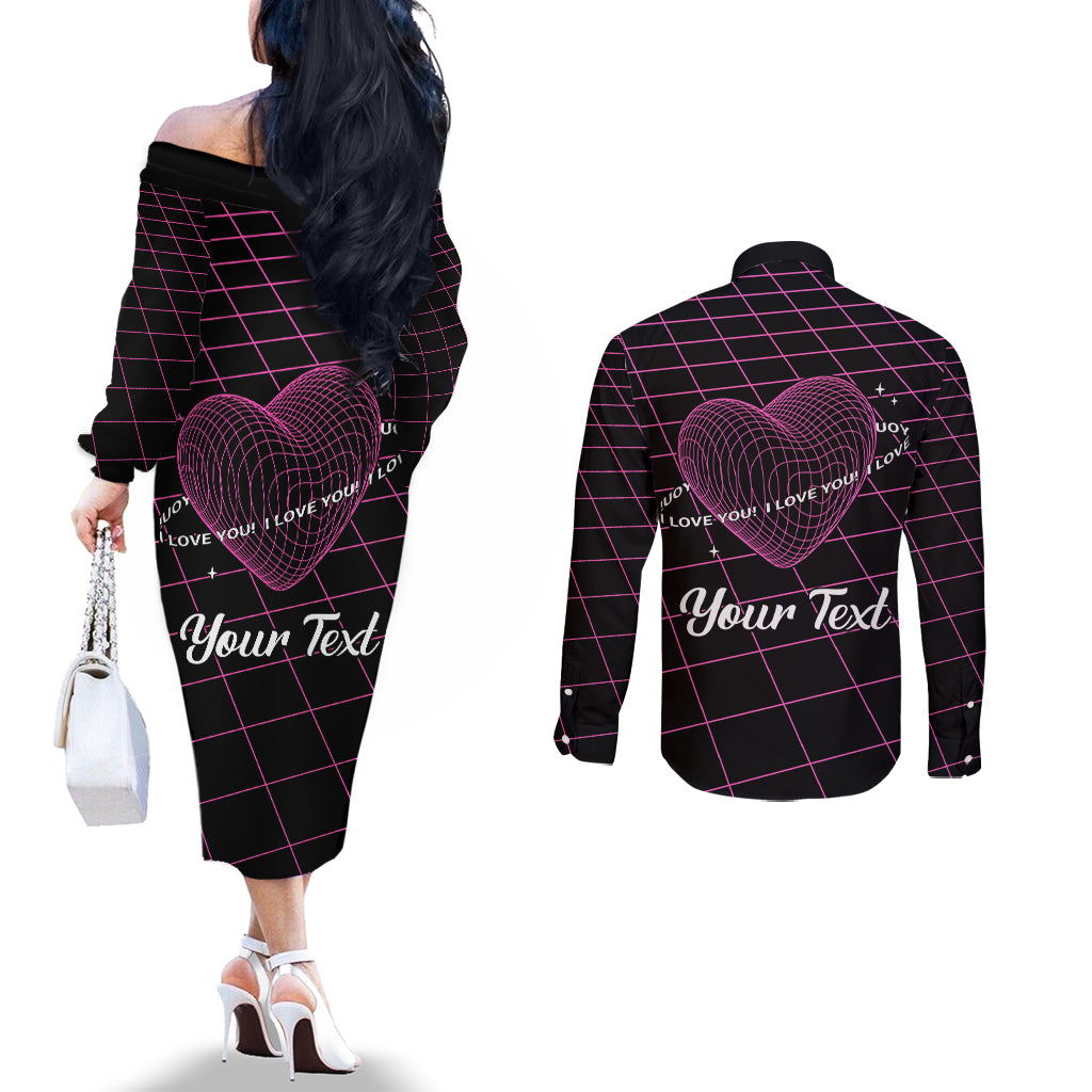 All You Need is Love Valentine Day Couples Matching Off The Shoulder Long Sleeve Dress and Long Sleeve Button Shirt Geometry Wireframe Style