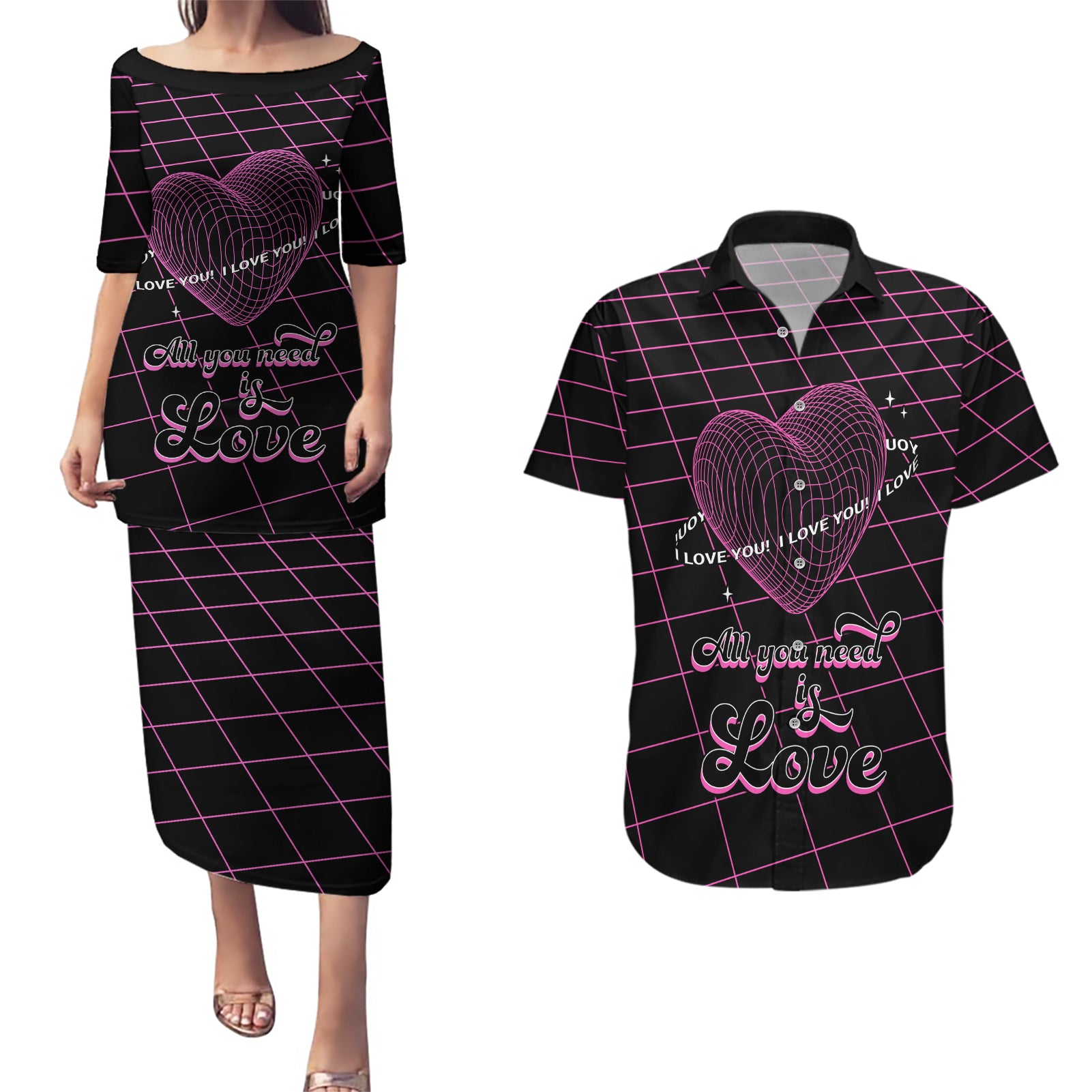 All You Need is Love Valentine Day Couples Matching Puletasi and Hawaiian Shirt Geometry Wireframe Style - Wonder Print Shop