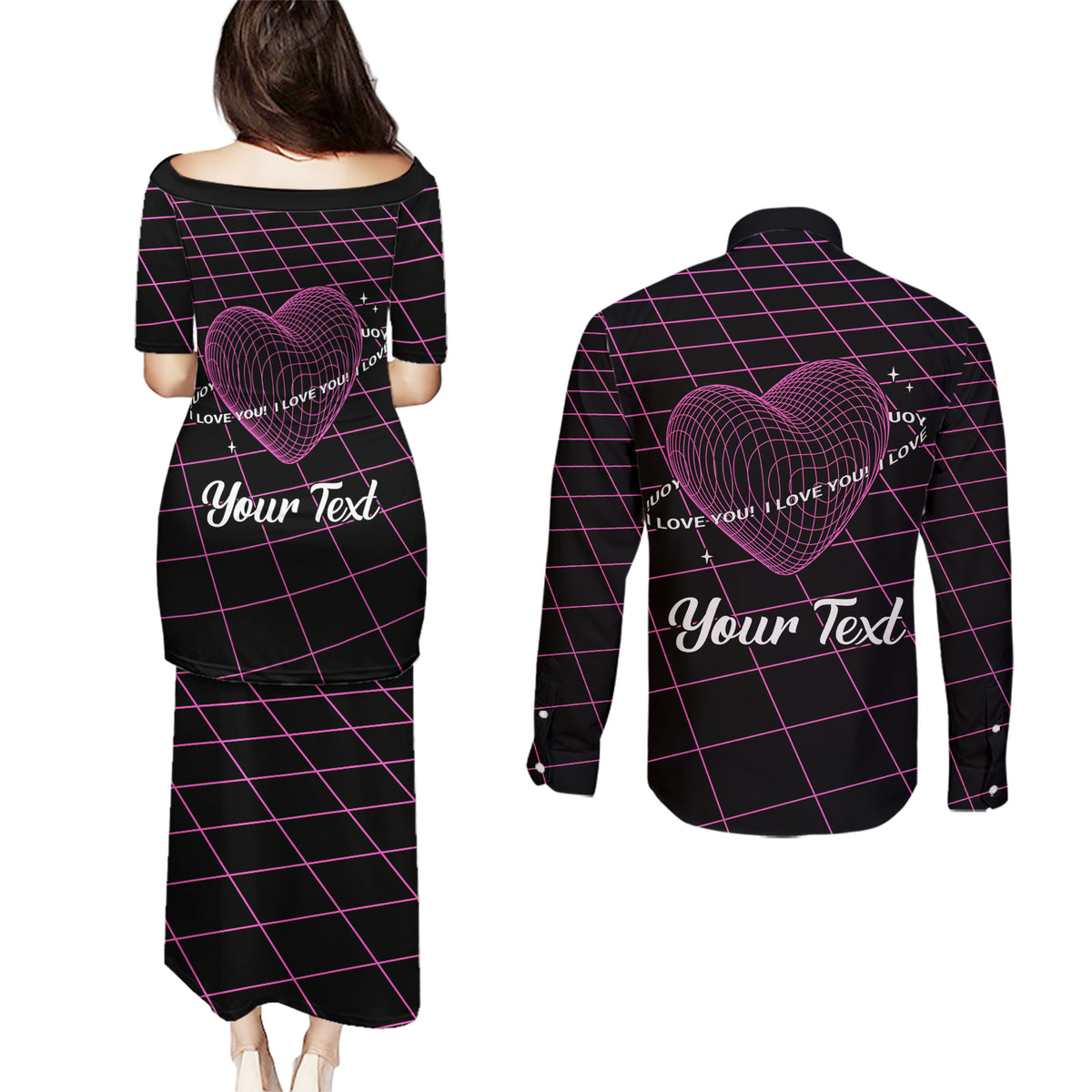 All You Need is Love Valentine Day Couples Matching Puletasi and Long Sleeve Button Shirt Geometry Wireframe Style - Wonder Print Shop