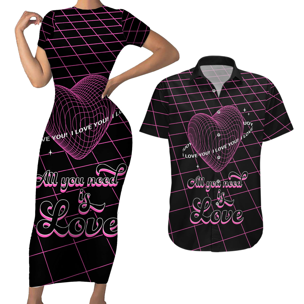 All You Need is Love Valentine Day Couples Matching Short Sleeve Bodycon Dress and Hawaiian Shirt Geometry Wireframe Style - Wonder Print Shop
