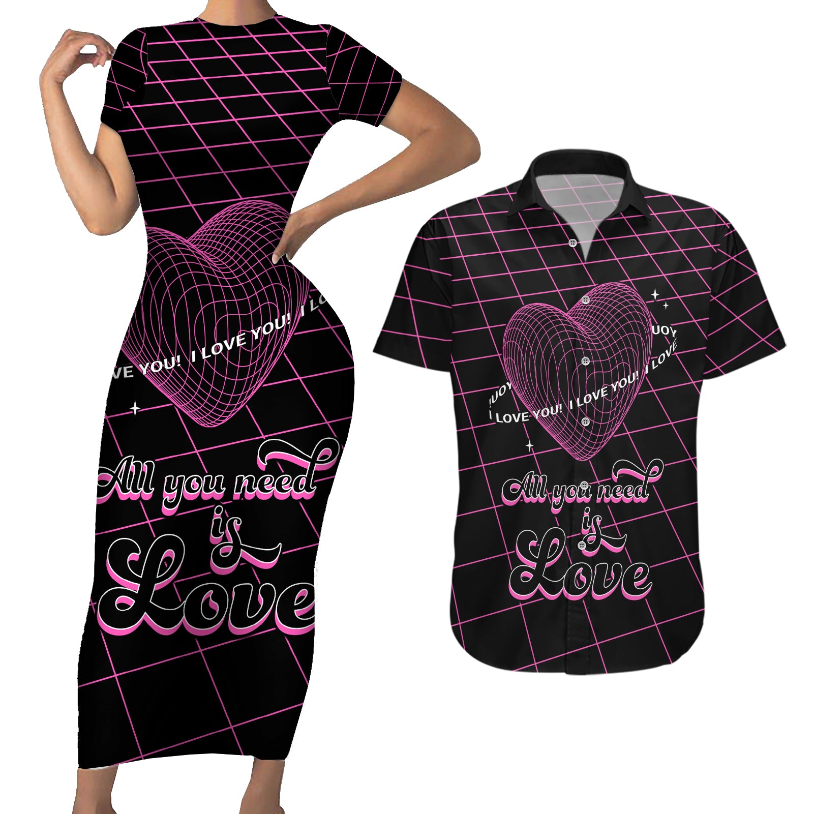 All You Need is Love Valentine Day Couples Matching Short Sleeve Bodycon Dress and Hawaiian Shirt Geometry Wireframe Style - Wonder Print Shop
