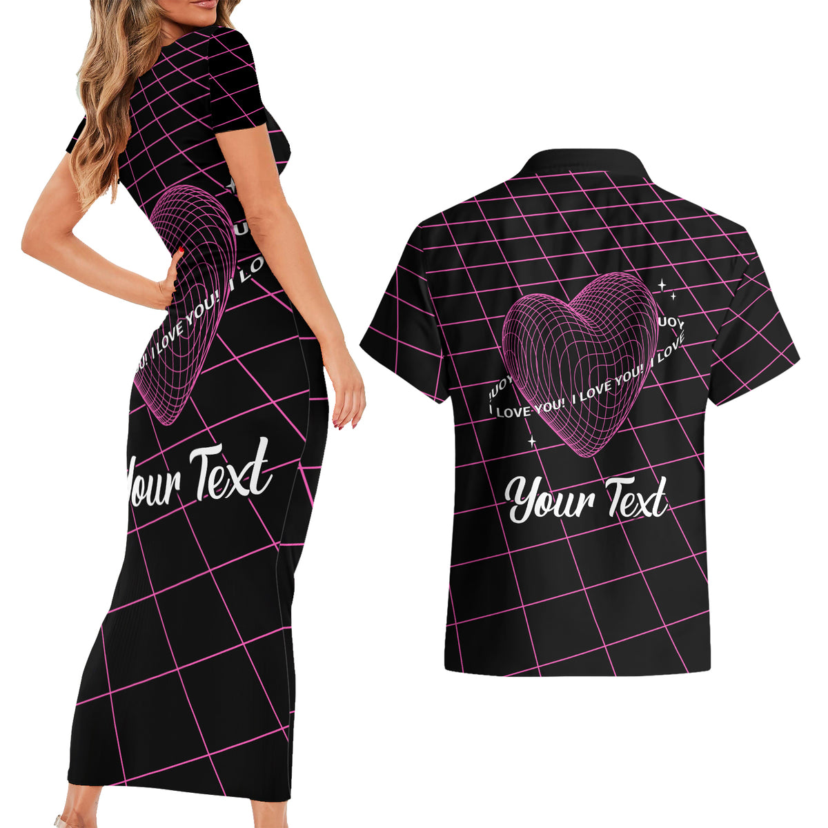 All You Need is Love Valentine Day Couples Matching Short Sleeve Bodycon Dress and Hawaiian Shirt Geometry Wireframe Style - Wonder Print Shop