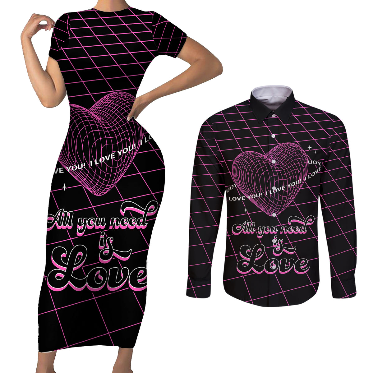 All You Need is Love Valentine Day Couples Matching Short Sleeve Bodycon Dress and Long Sleeve Button Shirt Geometry Wireframe Style - Wonder Print Shop