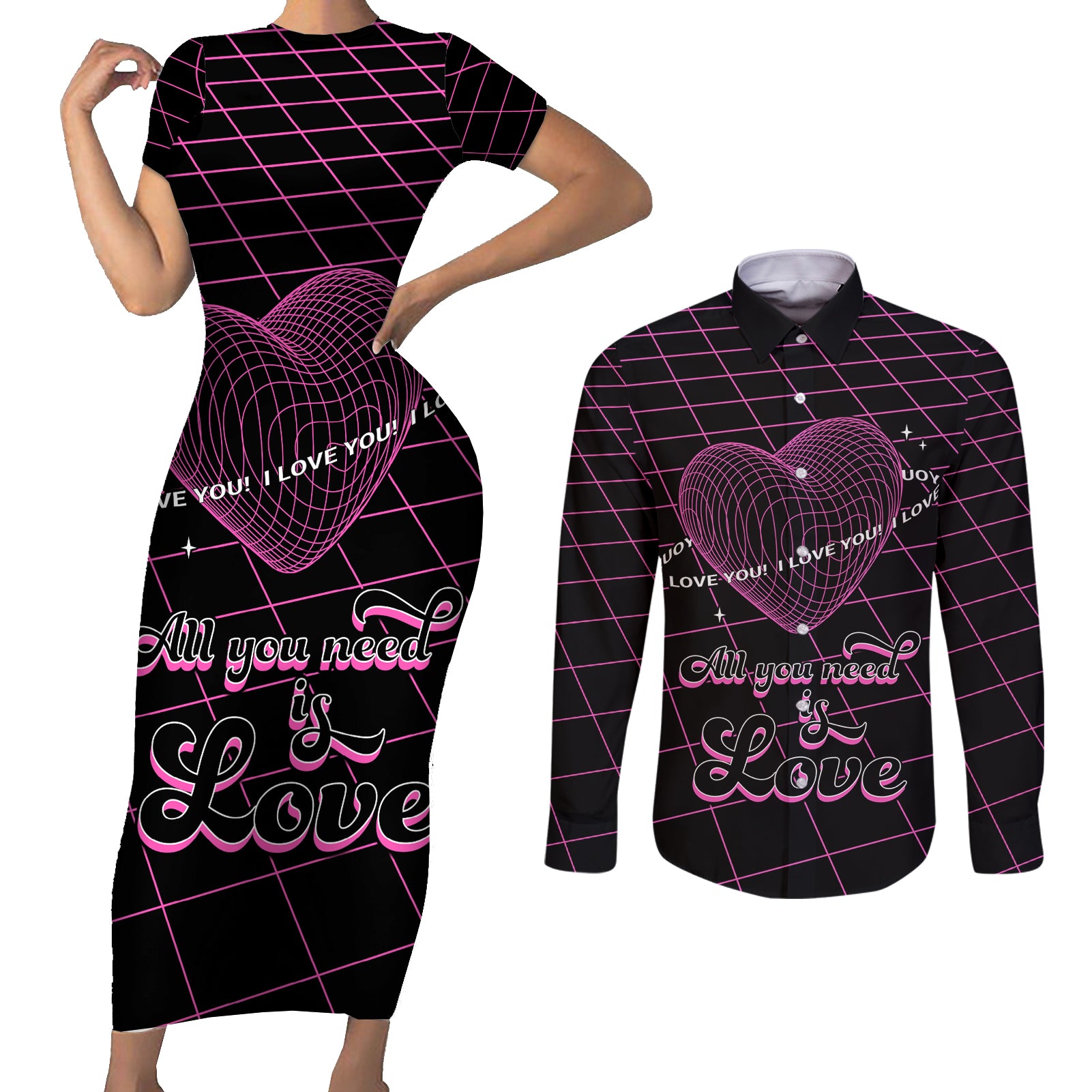 All You Need is Love Valentine Day Couples Matching Short Sleeve Bodycon Dress and Long Sleeve Button Shirt Geometry Wireframe Style - Wonder Print Shop