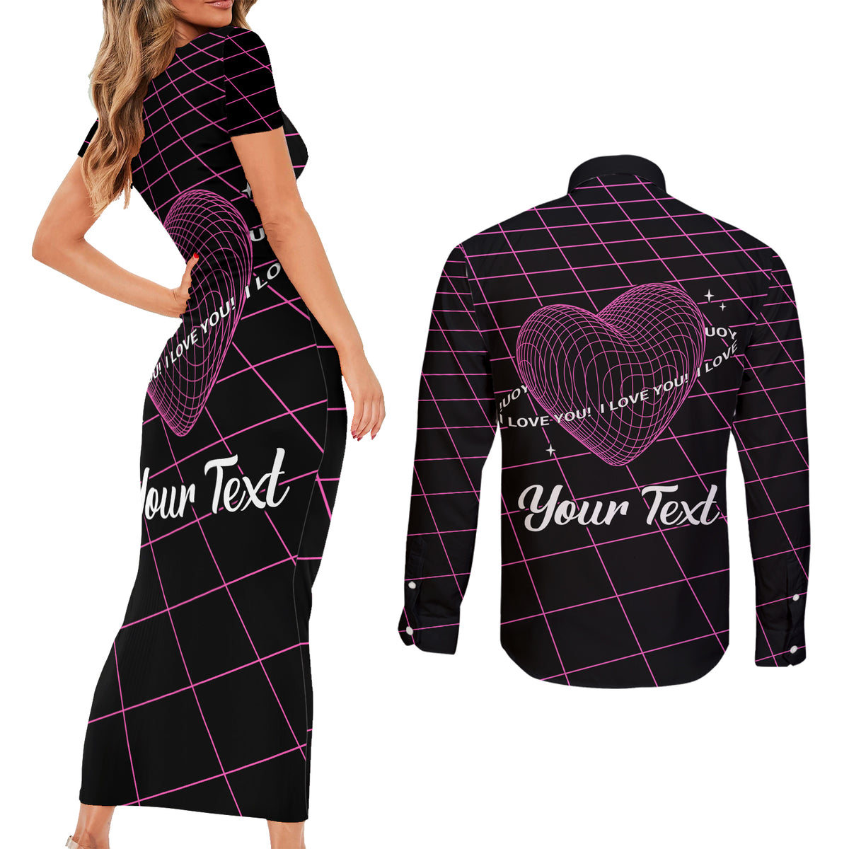 All You Need is Love Valentine Day Couples Matching Short Sleeve Bodycon Dress and Long Sleeve Button Shirt Geometry Wireframe Style - Wonder Print Shop