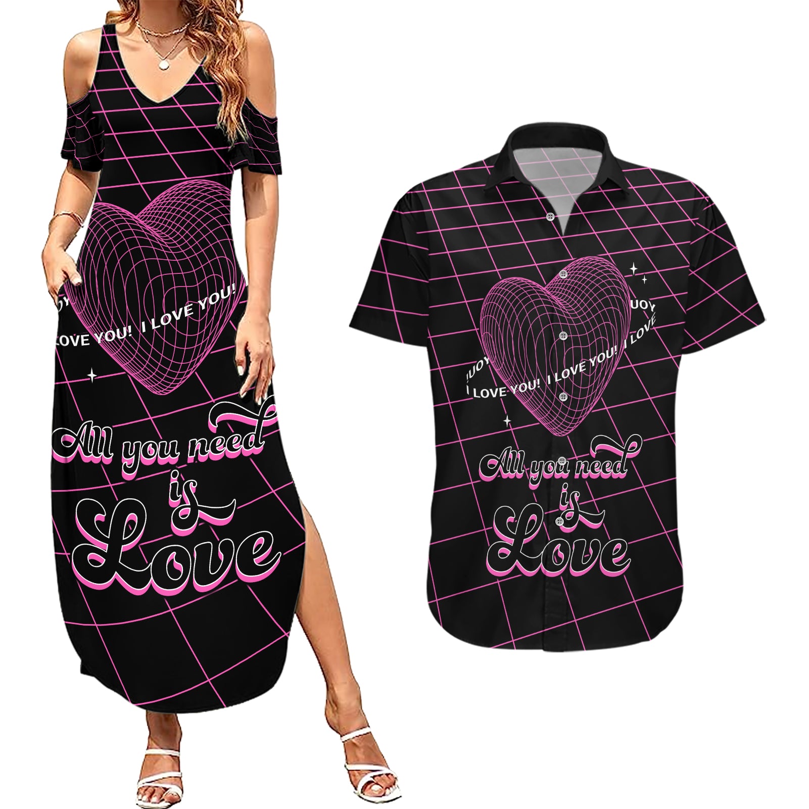 All You Need is Love Valentine Day Couples Matching Summer Maxi Dress and Hawaiian Shirt Geometry Wireframe Style - Wonder Print Shop