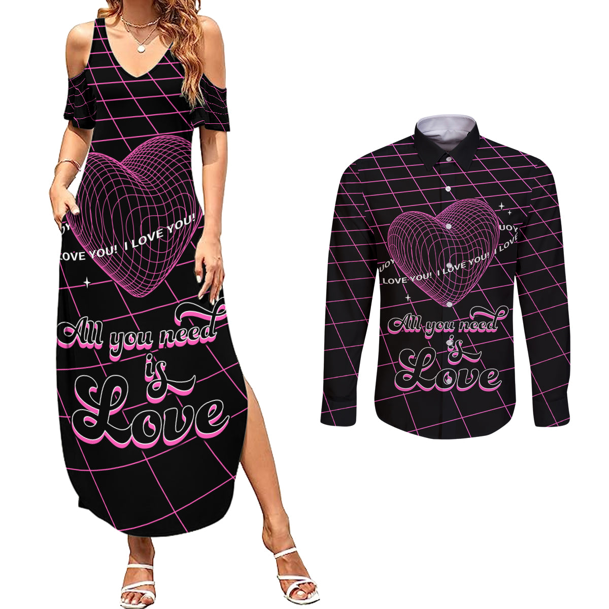All You Need is Love Valentine Day Couples Matching Summer Maxi Dress and Long Sleeve Button Shirt Geometry Wireframe Style - Wonder Print Shop