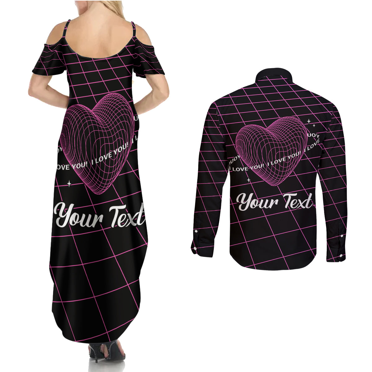 All You Need is Love Valentine Day Couples Matching Summer Maxi Dress and Long Sleeve Button Shirt Geometry Wireframe Style - Wonder Print Shop