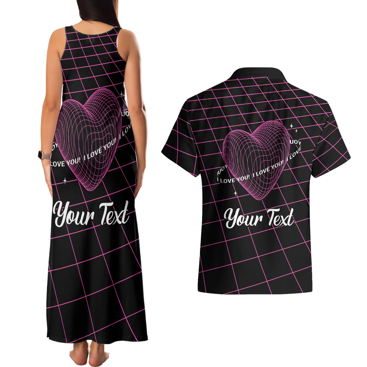 All You Need is Love Valentine Day Couples Matching Tank Maxi Dress and Hawaiian Shirt Geometry Wireframe Style - Wonder Print Shop