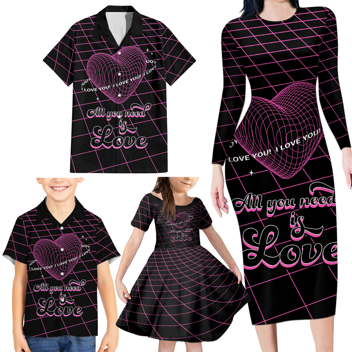 All You Need is Love Valentine Day Family Matching Long Sleeve Bodycon Dress and Hawaiian Shirt Geometry Wireframe Style - Wonder Print Shop