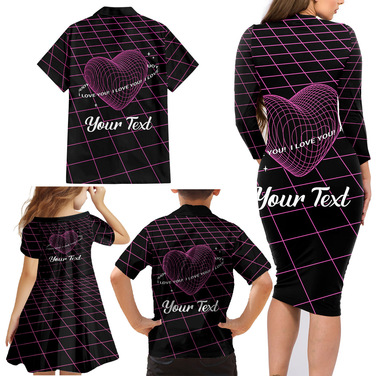 All You Need is Love Valentine Day Family Matching Long Sleeve Bodycon Dress and Hawaiian Shirt Geometry Wireframe Style - Wonder Print Shop