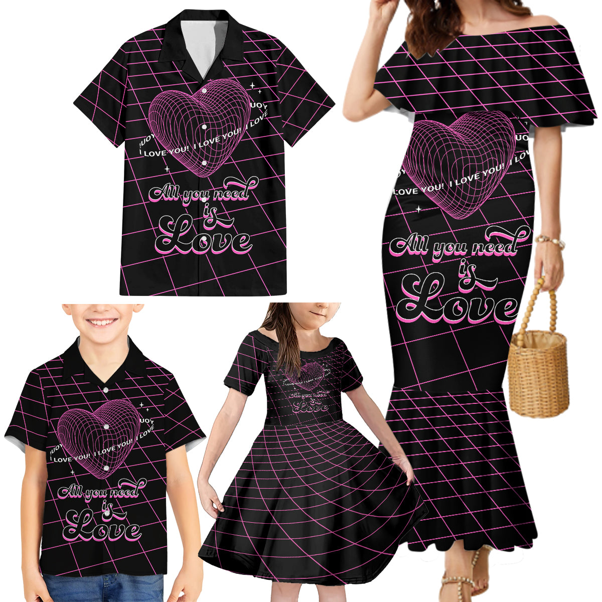 All You Need is Love Valentine Day Family Matching Mermaid Dress and Hawaiian Shirt Geometry Wireframe Style - Wonder Print Shop