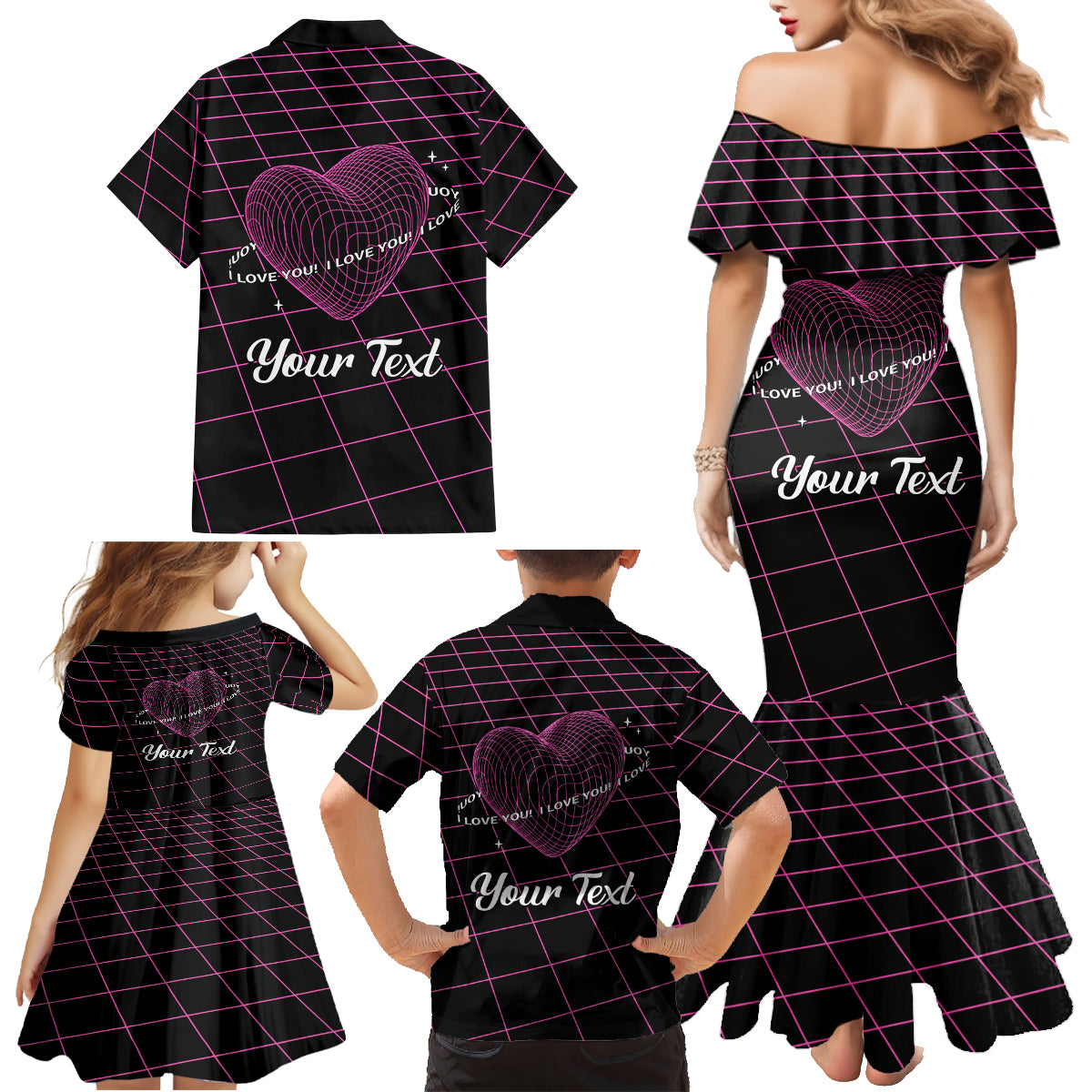 All You Need is Love Valentine Day Family Matching Mermaid Dress and Hawaiian Shirt Geometry Wireframe Style - Wonder Print Shop