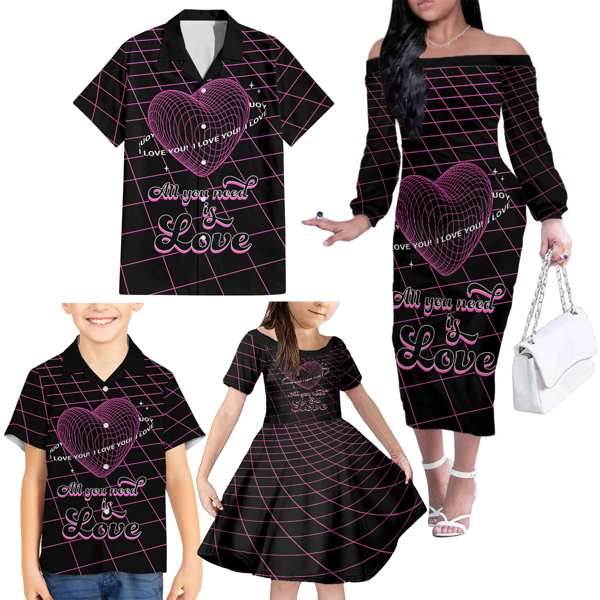 All You Need is Love Valentine Day Family Matching Off Shoulder Long Sleeve Dress and Hawaiian Shirt Geometry Wireframe Style - Wonder Print Shop