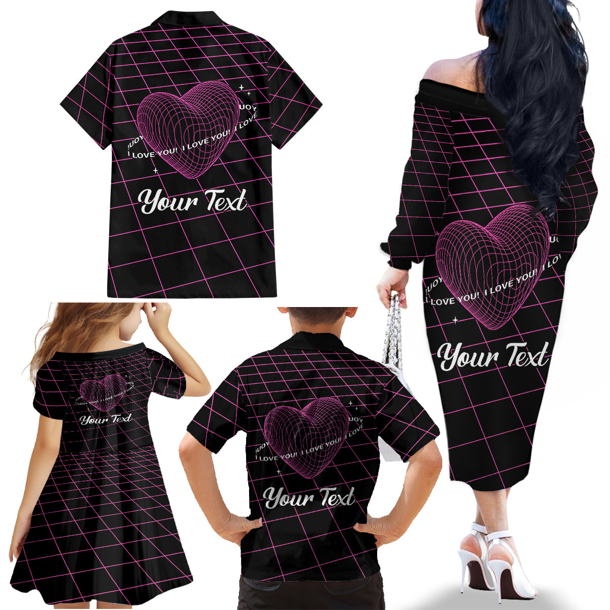 All You Need is Love Valentine Day Family Matching Off Shoulder Long Sleeve Dress and Hawaiian Shirt Geometry Wireframe Style - Wonder Print Shop
